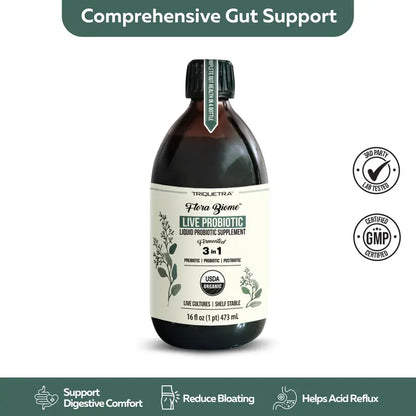 Flora Biome - Live Probiotic, Prebiotic, & Postbiotic – Organic Live-Culture – 10 Probiotic Strains, 18 Fermented Herbs - Complete Gut Health & Microbiome Optimizer (16 oz)