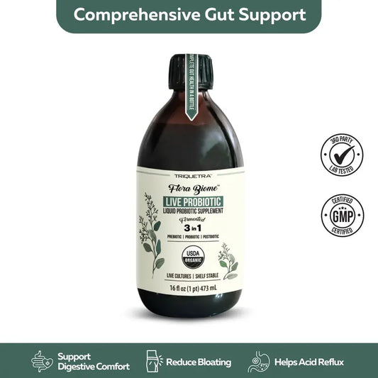 Flora Biome - Live Probiotic, Prebiotic, & Postbiotic – Organic Live-Culture – 10 Probiotic Strains, 18 Fermented Herbs - Complete Gut Health & Microbiome Optimizer (16 oz)