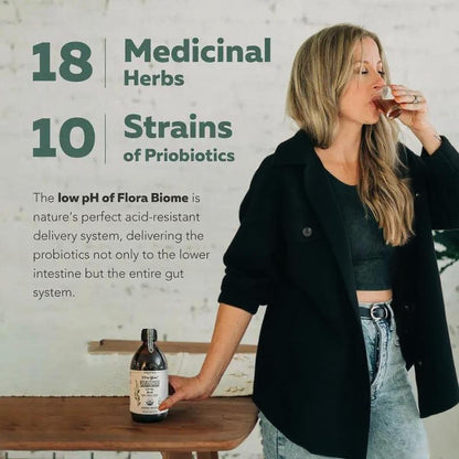 Flora Biome - Live Probiotic, Prebiotic, & Postbiotic – Organic Live-Culture – 10 Probiotic Strains, 18 Fermented Herbs - Complete Gut Health & Microbiome Optimizer (16 oz)