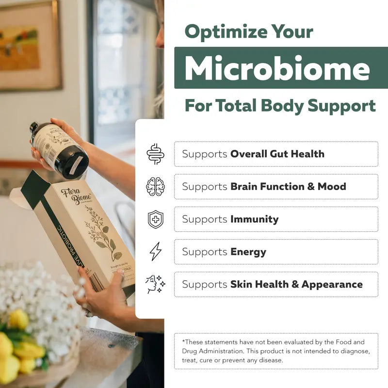 Flora Biome - Live Probiotic, Prebiotic, & Postbiotic – Organic Live-Culture – 10 Probiotic Strains, 18 Fermented Herbs - Complete Gut Health & Microbiome Optimizer (16 oz)