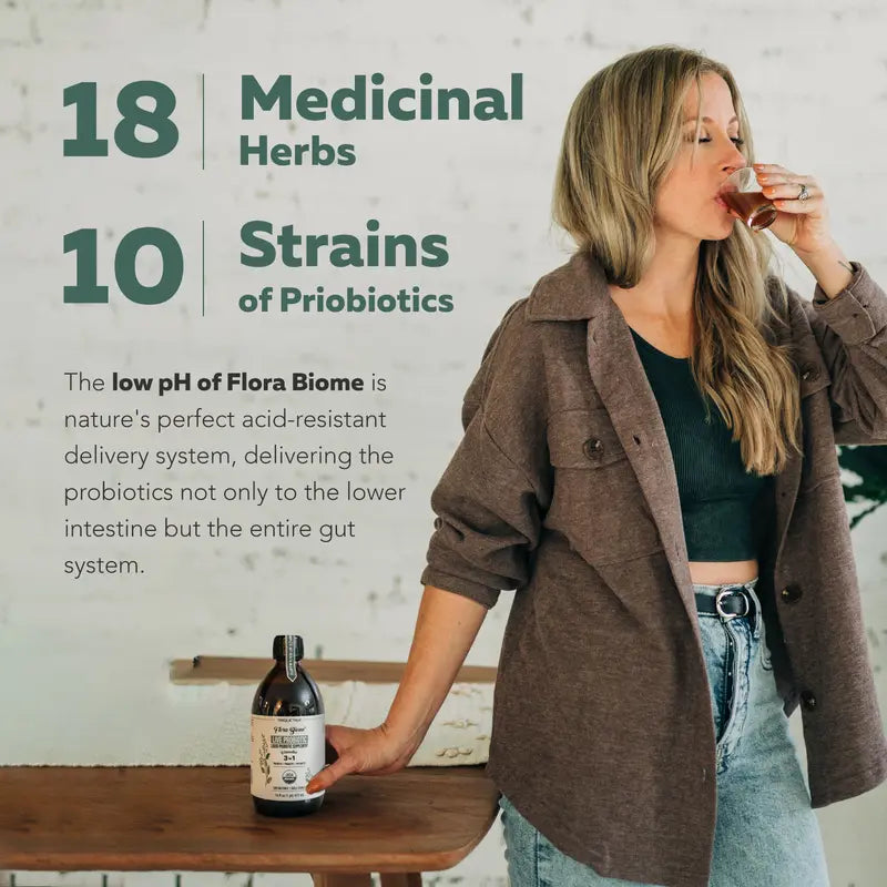 Flora Biome - Live Probiotic, Prebiotic, & Postbiotic – Organic Live-Culture – 10 Probiotic Strains, 18 Fermented Herbs - Complete Gut Health & Microbiome Optimizer (16 oz)