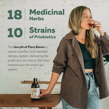 Flora Biome - Live Probiotic, Prebiotic, & Postbiotic – Organic Live-Culture – 10 Probiotic Strains, 18 Fermented Herbs - Complete Gut Health & Microbiome Optimizer (16 oz)