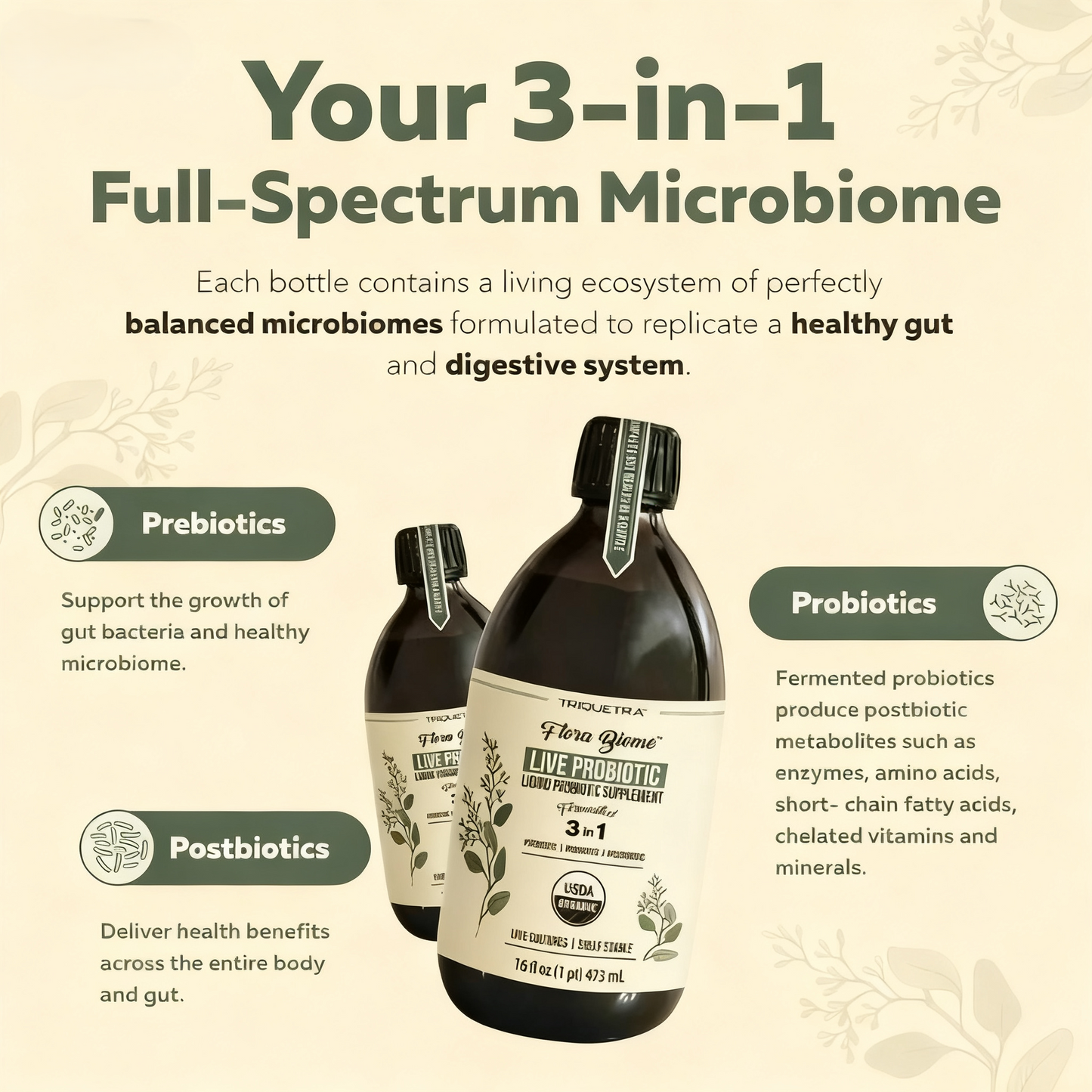 Flora Biome - Live Probiotic, Prebiotic, & Postbiotic – Organic Live-Culture – 10 Probiotic Strains, 18 Fermented Herbs - Complete Gut Health & Microbiome Optimizer (16 oz)